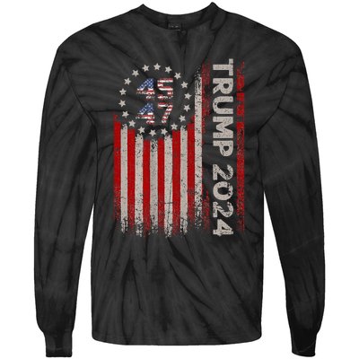 45 47 Trump 2024 American Flag Tie-Dye Long Sleeve Shirt