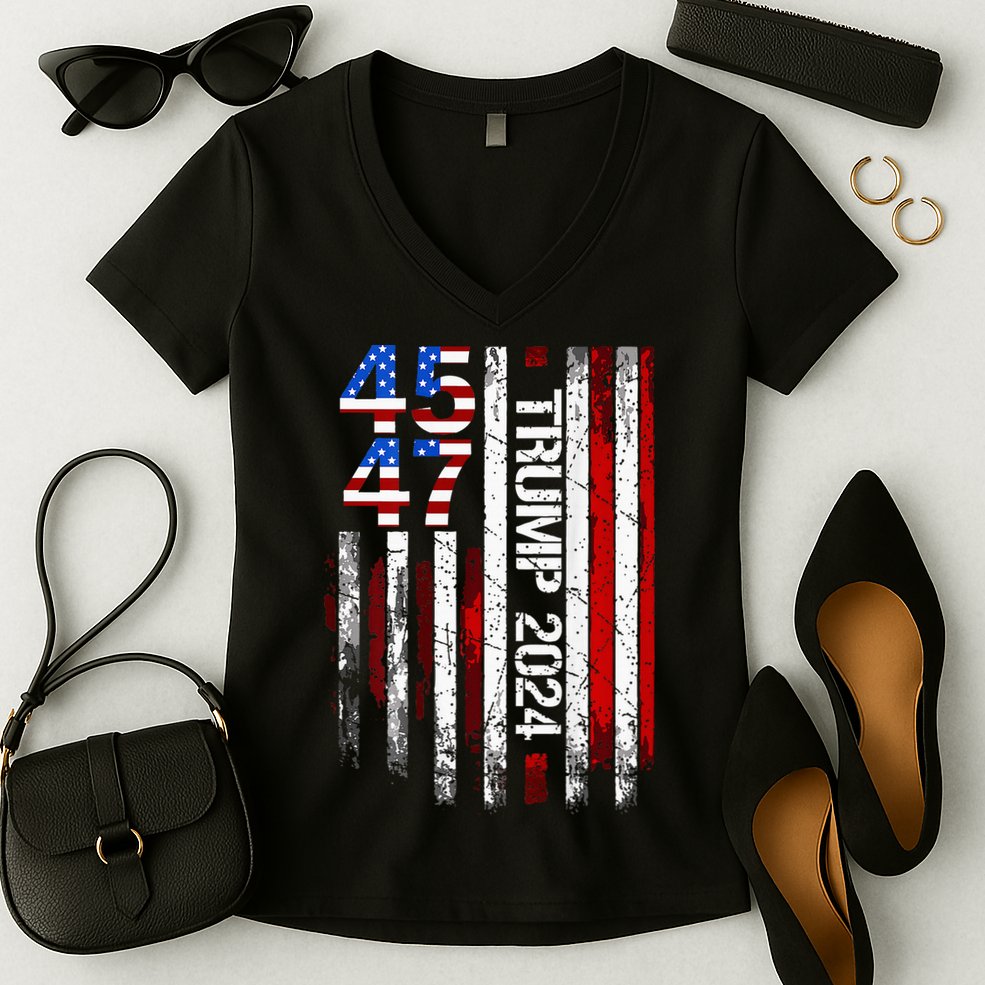 45 47 Trump 2024 American Flag Women's V-Neck T-Shirt