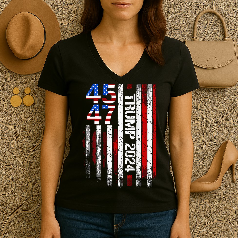 45 47 Trump 2024 American Flag Women's V-Neck T-Shirt