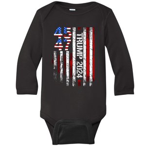 45 47 Trump 2024 American Flag Baby Long Sleeve Bodysuit