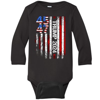 45 47 Trump 2024 American Flag Baby Long Sleeve Bodysuit