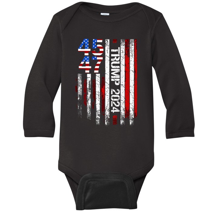 45 47 Trump 2024 American Flag Baby Long Sleeve Bodysuit