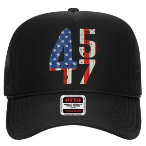 45 47 Trump 2024 American Flag (On Back) High Crown Mesh Back Trucker Hat