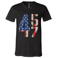 45 47 Trump 2024 American Flag (On Back) V-Neck T-Shirt