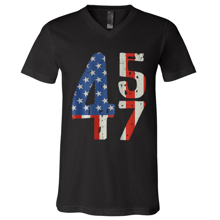 45 47 Trump 2024 American Flag (On Back) V-Neck T-Shirt