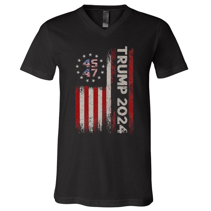 45 47 Trump 2024 American Flag Design V-Neck T-Shirt