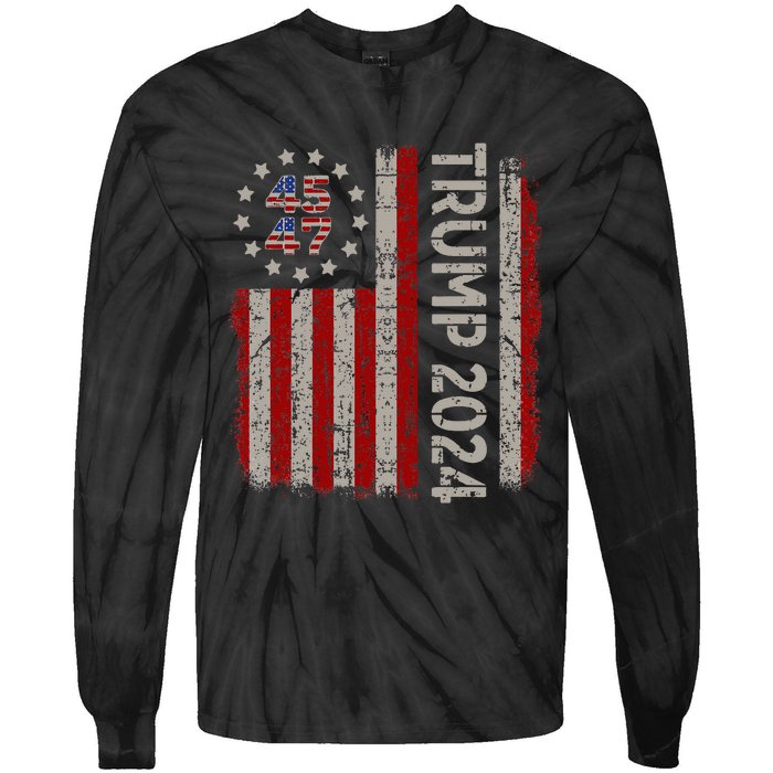 45 47 Trump 2024 American Flag Tie-Dye Long Sleeve Shirt