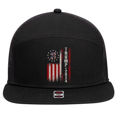 45 47 Trump 2024 American Flag 7 Panel Mesh Trucker Snapback Hat