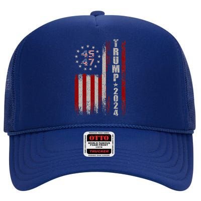 45 47 Trump 2024 American Flag High Crown Mesh Back Trucker Hat