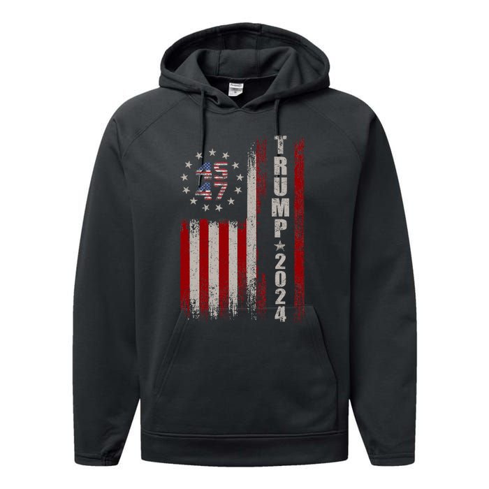 45 47 Trump 2024 American Flag Performance Fleece Hoodie