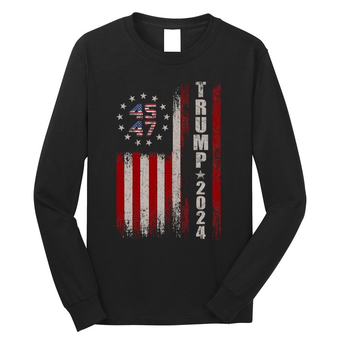 45 47 Trump 2024 American Flag Long Sleeve Shirt