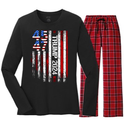 45 47 Trump 2024 American Flag Women's Long Sleeve Flannel Pajama Set 