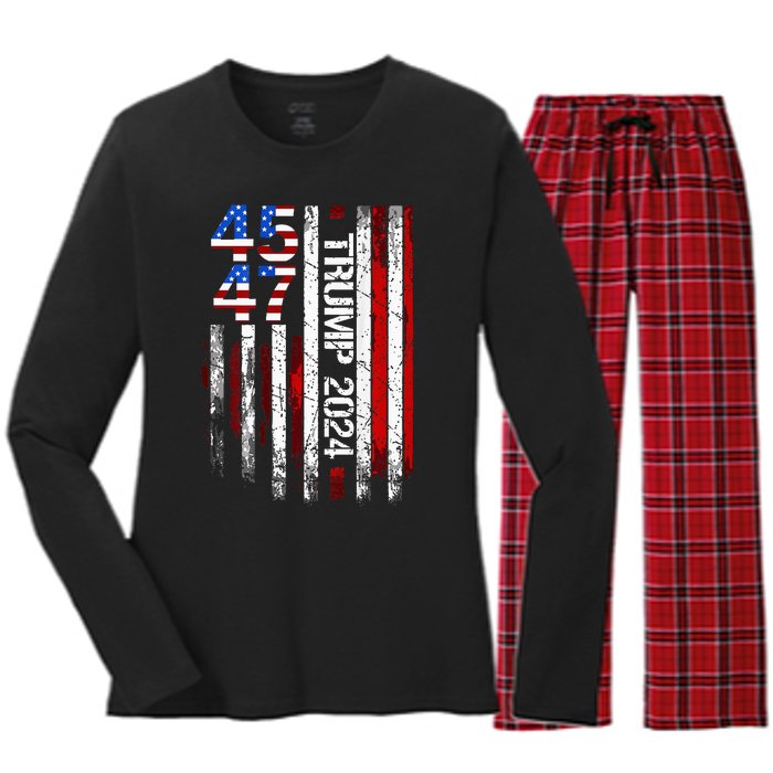 45 47 Trump 2024 American Flag Women's Long Sleeve Flannel Pajama Set 