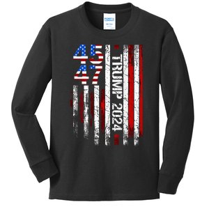 45 47 Trump 2024 American Flag Kids Long Sleeve Shirt