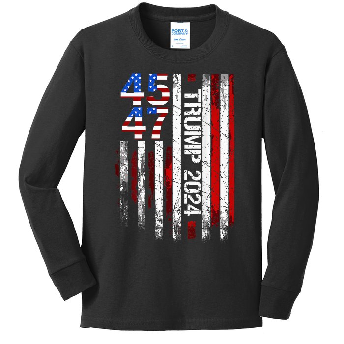 45 47 Trump 2024 American Flag Kids Long Sleeve Shirt