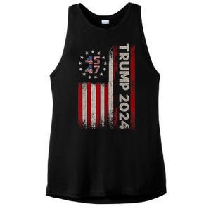 45 47 Trump 2024 American Flag Ladies PosiCharge Tri-Blend Wicking Tank