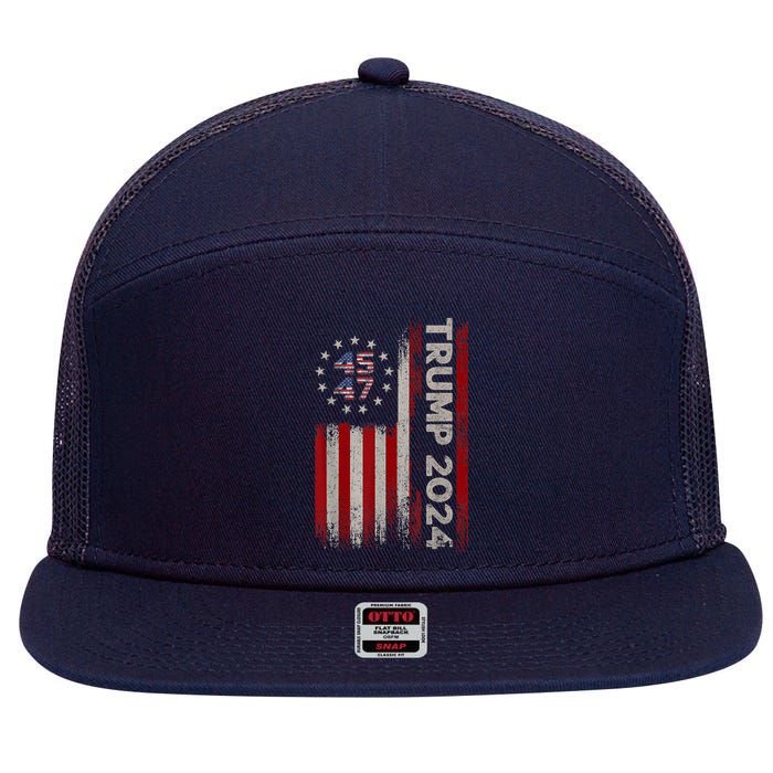 45 47 Trump 2024 American Flag 7 Panel Mesh Trucker Snapback Hat