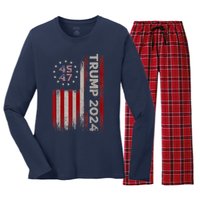 45 47 Trump 2024 American Flag Women's Long Sleeve Flannel Pajama Set 