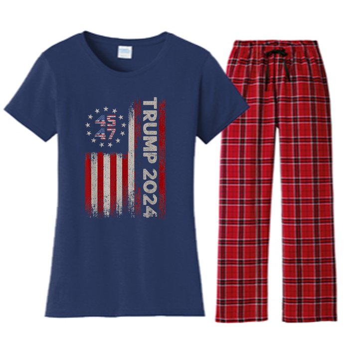 45 47 Trump 2024 American Flag Women's Flannel Pajama Set