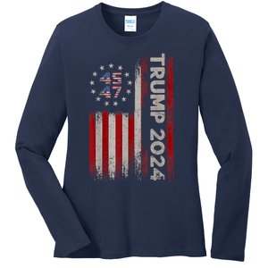 45 47 Trump 2024 American Flag Ladies Long Sleeve Shirt