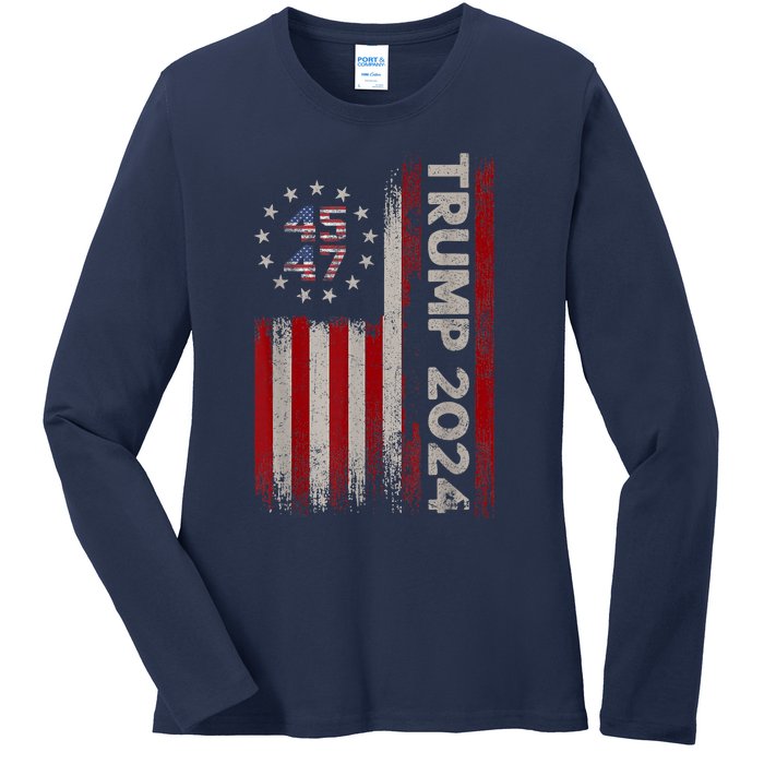 45 47 Trump 2024 American Flag Ladies Long Sleeve Shirt