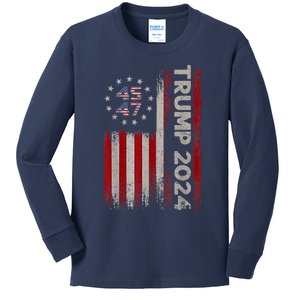 45 47 Trump 2024 American Flag Kids Long Sleeve Shirt