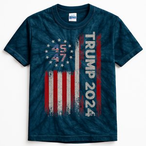 45 47 Trump 2024 American Flag Kids Tie-Dye T-Shirt