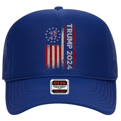 45 47 Trump 2024 American Flag High Crown Mesh Back Trucker Hat