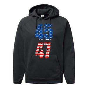 45 47 Trump 2024 Red White Blue American Flag Performance Fleece Hoodie