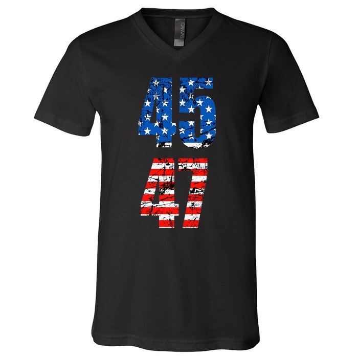 45 47 Trump 2024 Red White Blue American Flag V-Neck T-Shirt