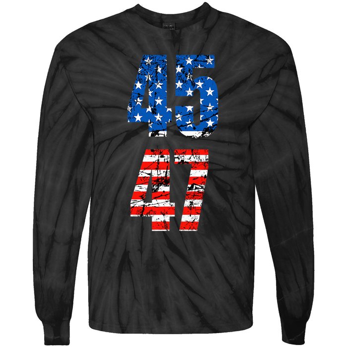 45 47 Trump 2024 Red White Blue American Flag Tie-Dye Long Sleeve Shirt