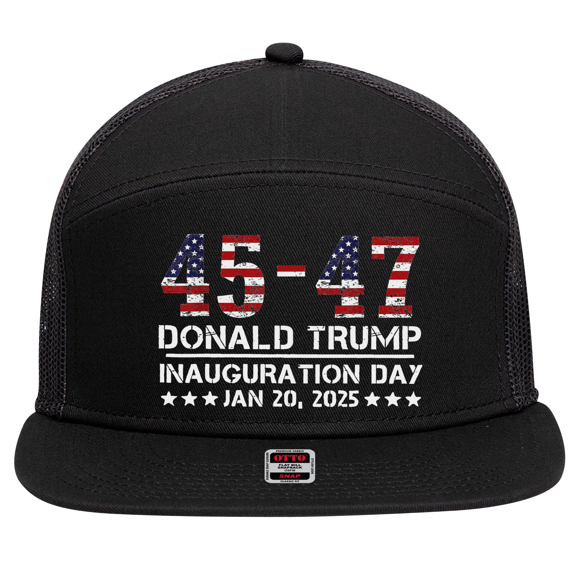 45 47 Usa Flag Trump Inauguration Day 2025 Vance 2028 7 Panel Mesh Trucker Snapback Hat