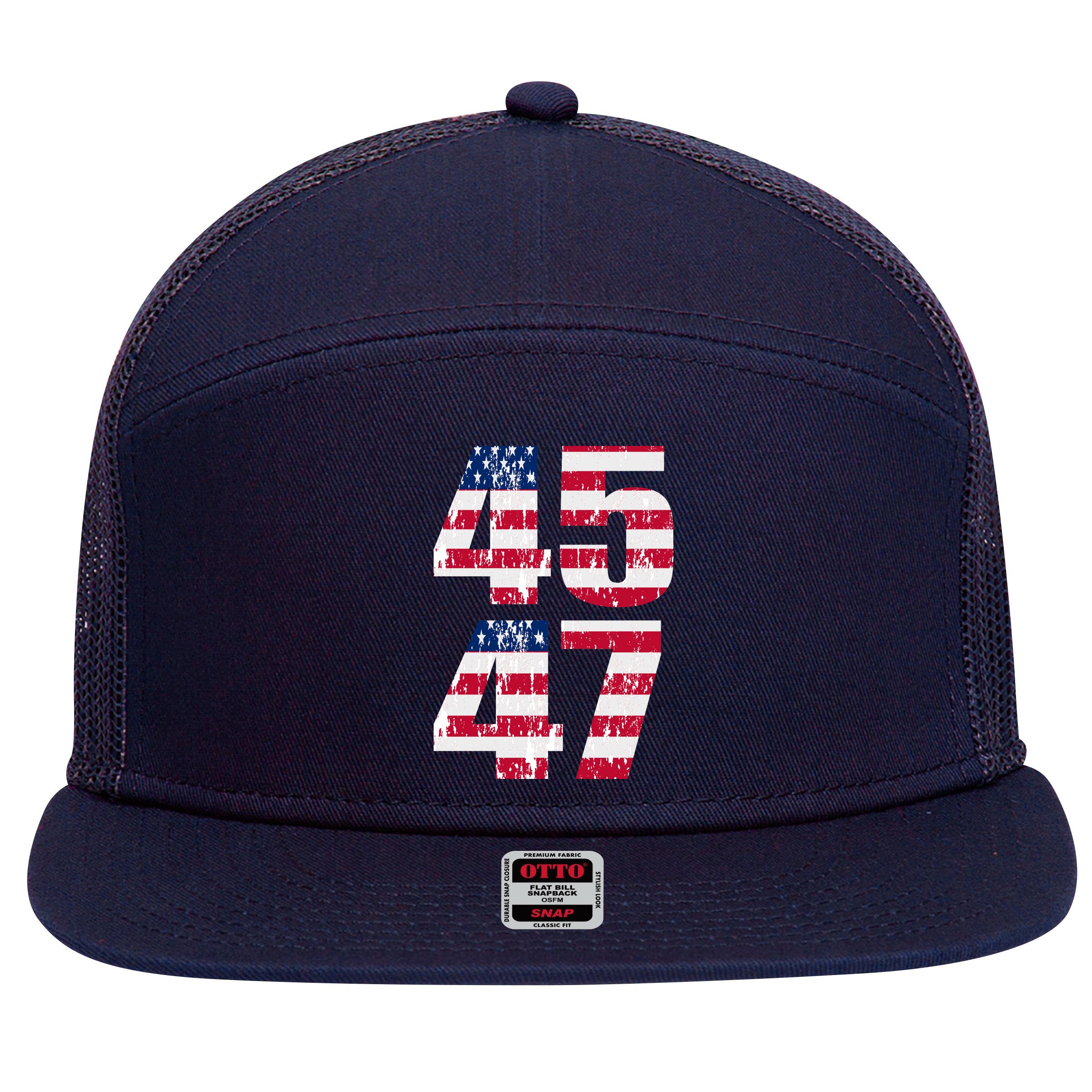 45 47 Trump 2024 7 Panel Mesh Trucker Snapback Hat