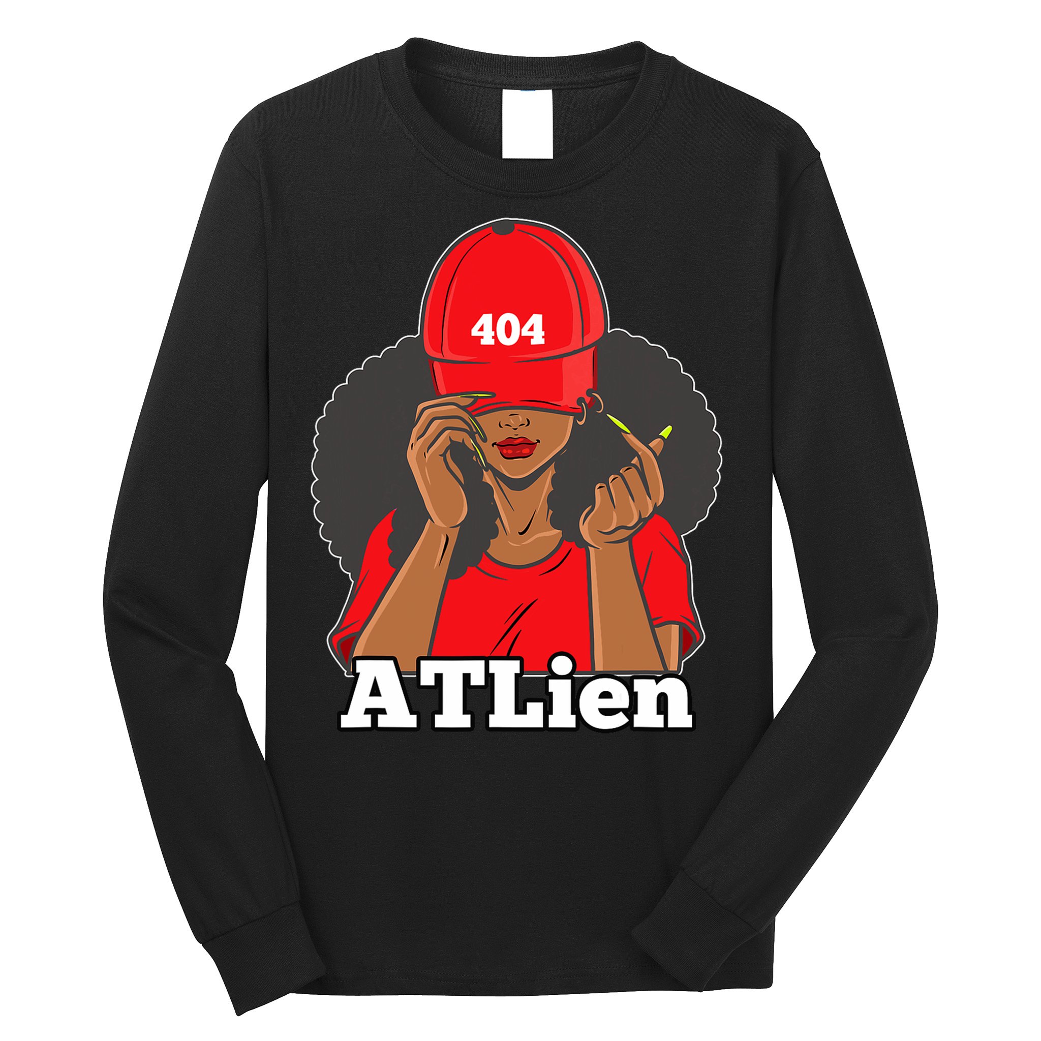 404 Atlien Atlanta Atl Area Code Black Woman Afro Long Sleeve Shirt