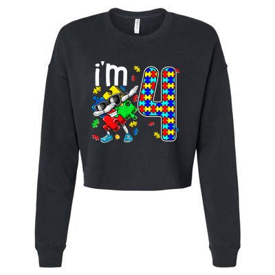 4th Birthday Autism Awareness Puzzle Piece Dabbing Cropped Pullover Crew