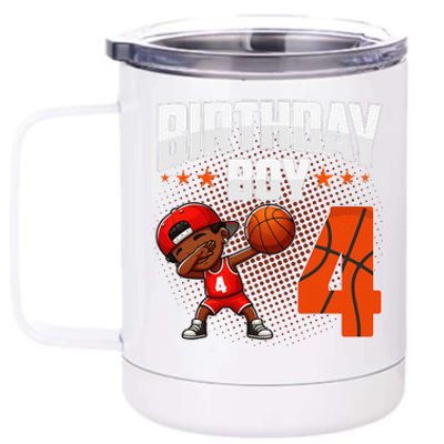 4th Birthday Boy Basketball Dabbing 4 Years Old Afro Boy 12 oz Stainless Steel Tumbler Cup