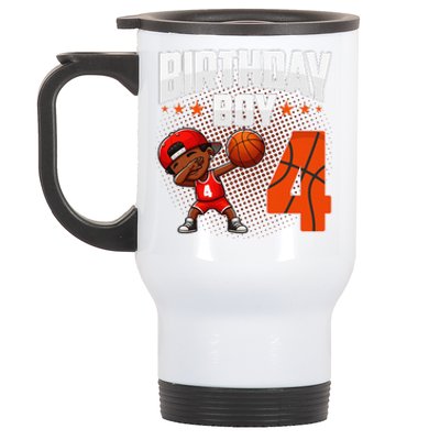 4th Birthday Boy Basketball Dabbing 4 Years Old Afro Boy Stainless Steel Travel Mug