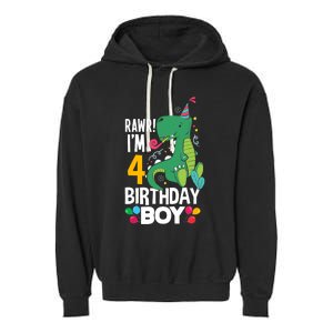 4th Birthday Boy 4 Year Old Birthday Boy T Rex Dinosaur Garment-Dyed Fleece Hoodie