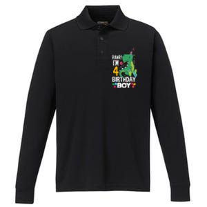 4th Birthday Boy 4 Year Old Birthday Boy T Rex Dinosaur Performance Long Sleeve Polo