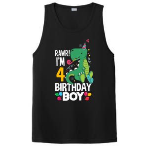 4th Birthday Boy 4 Year Old Birthday Boy T Rex Dinosaur PosiCharge Competitor Tank