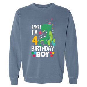 4th Birthday Boy 4 Year Old Birthday Boy T Rex Dinosaur Garment-Dyed Sweatshirt