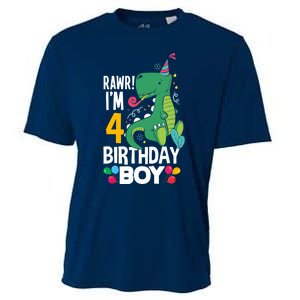 4th Birthday Boy 4 Year Old Birthday Boy T Rex Dinosaur Cooling Performance Crew T-Shirt