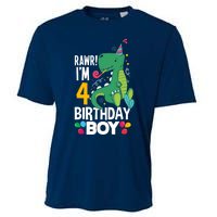 4th Birthday Boy 4 Year Old Birthday Boy T Rex Dinosaur Cooling Performance Crew T-Shirt