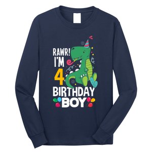 4th Birthday Boy 4 Year Old Birthday Boy T Rex Dinosaur Long Sleeve Shirt