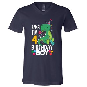 4th Birthday Boy 4 Year Old Birthday Boy T Rex Dinosaur V-Neck T-Shirt