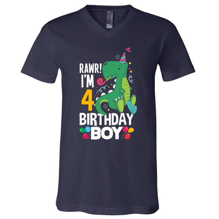 4th Birthday Boy 4 Year Old Birthday Boy T Rex Dinosaur V-Neck T-Shirt