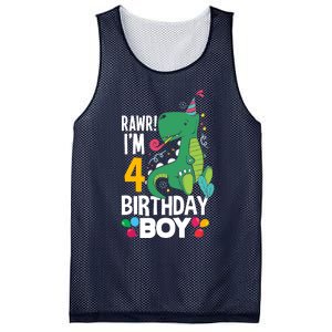 4th Birthday Boy 4 Year Old Birthday Boy T Rex Dinosaur Mesh Reversible Basketball Jersey Tank