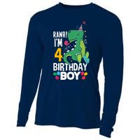 4th Birthday Boy 4 Year Old Birthday Boy T Rex Dinosaur Cooling Performance Long Sleeve Crew