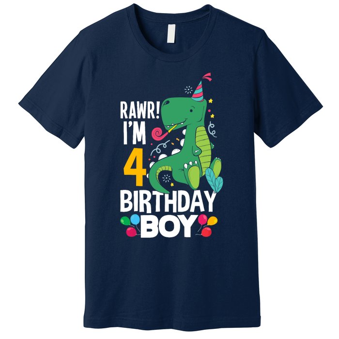 4th Birthday Boy 4 Year Old Birthday Boy T Rex Dinosaur Premium T-Shirt