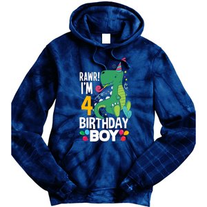 4th Birthday Boy 4 Year Old Birthday Boy T Rex Dinosaur Tie Dye Hoodie